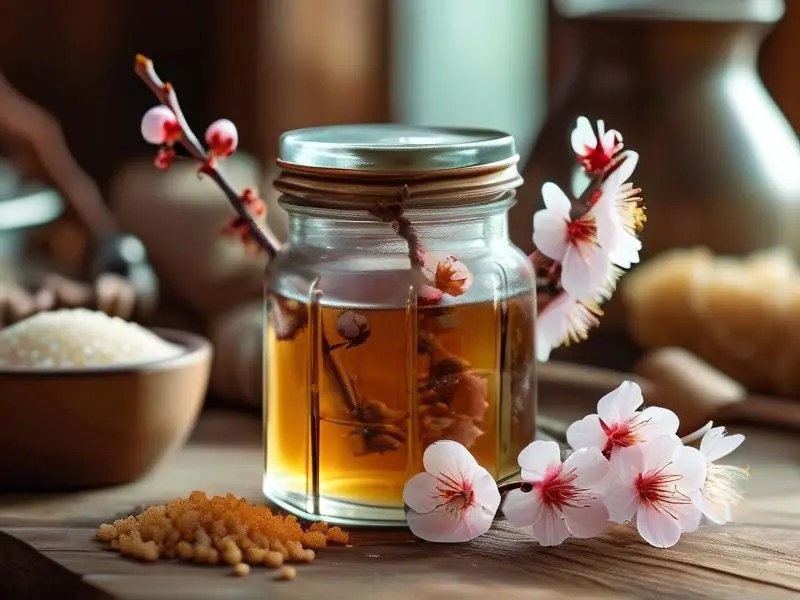 新鲜梅花与酿酒原料在木桌上的特写