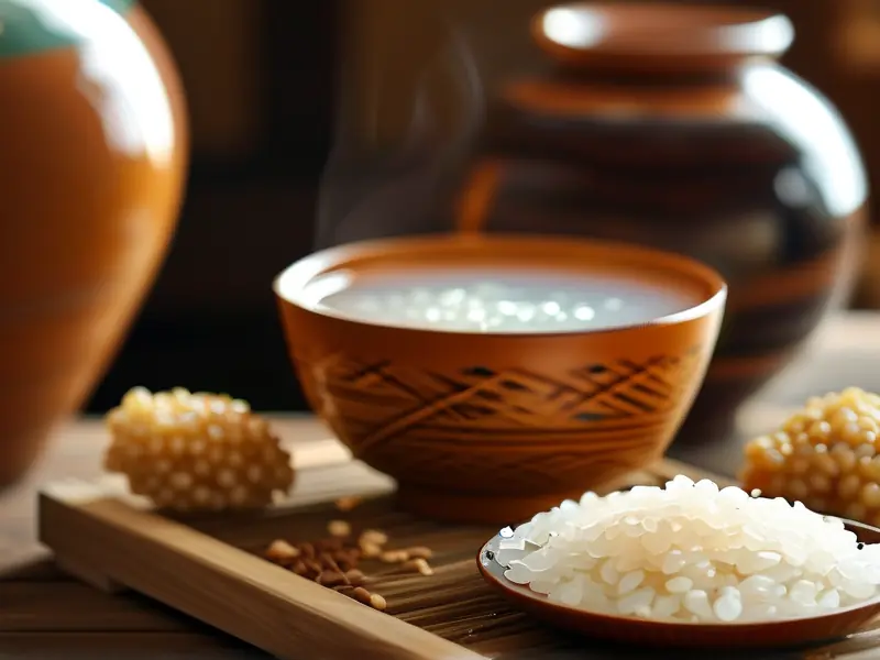传统米酒制作原料与成品展示