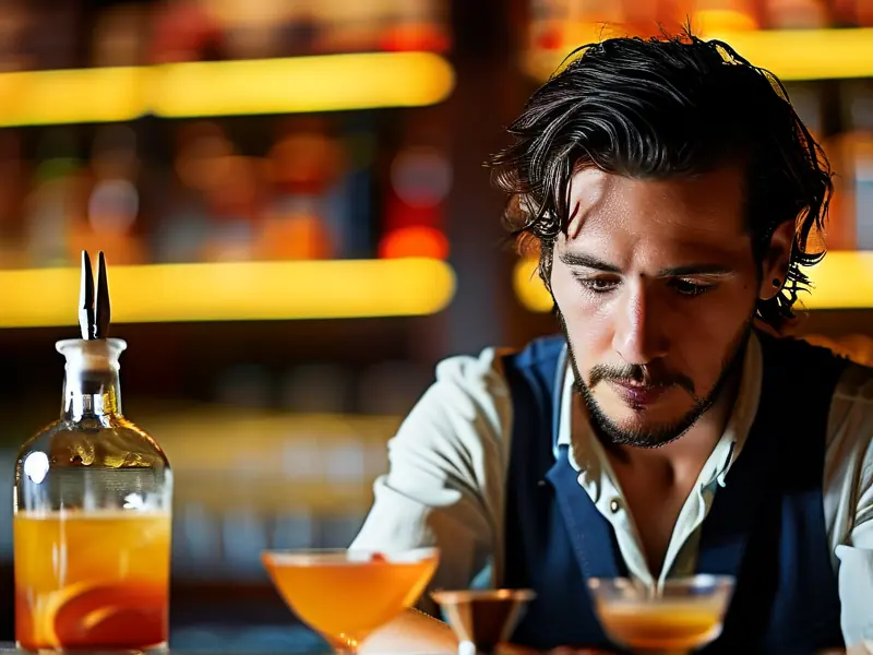 专业调酒师在吧台调制鸡尾酒