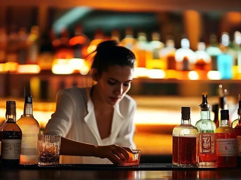 专业调酒师在调酒培训学校示范鸡尾酒调制