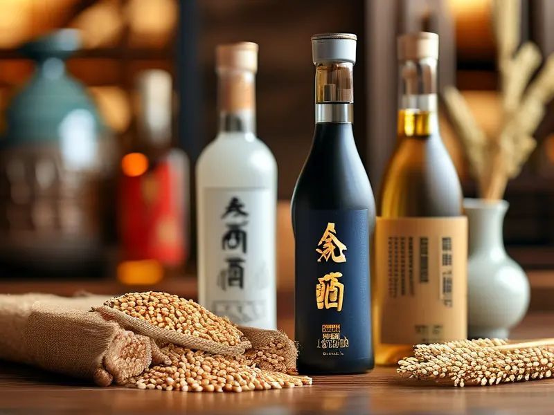 纯粮酿造白酒标签特写与原料展示