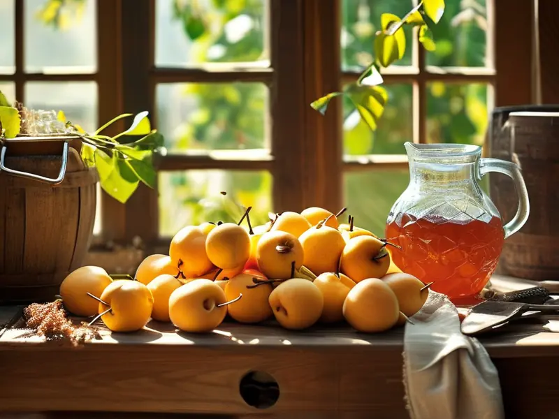 新鲜南果梨和酿酒工具摆放