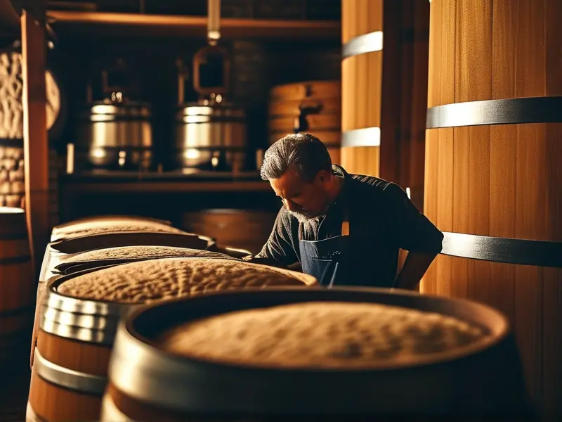 酿酒师检查酒醅的传统酿酒工序