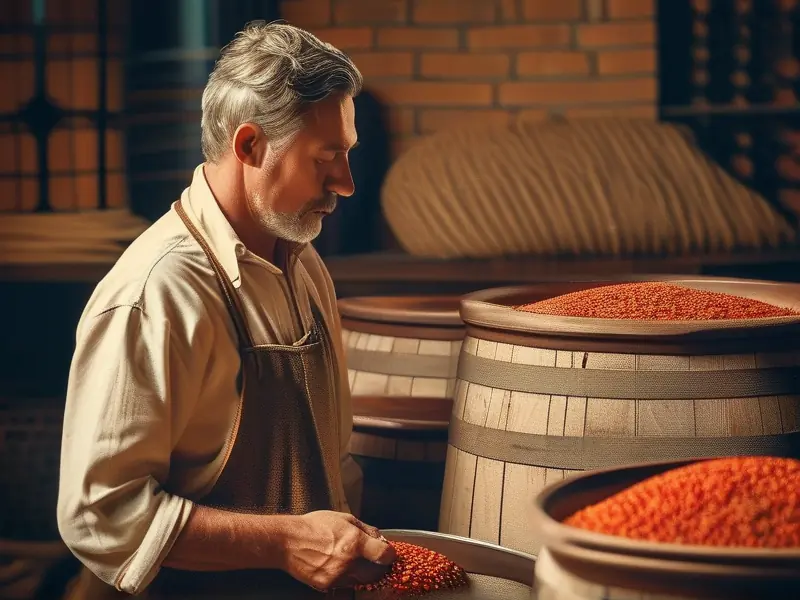 酿酒师检查红曲米酒发酵过程