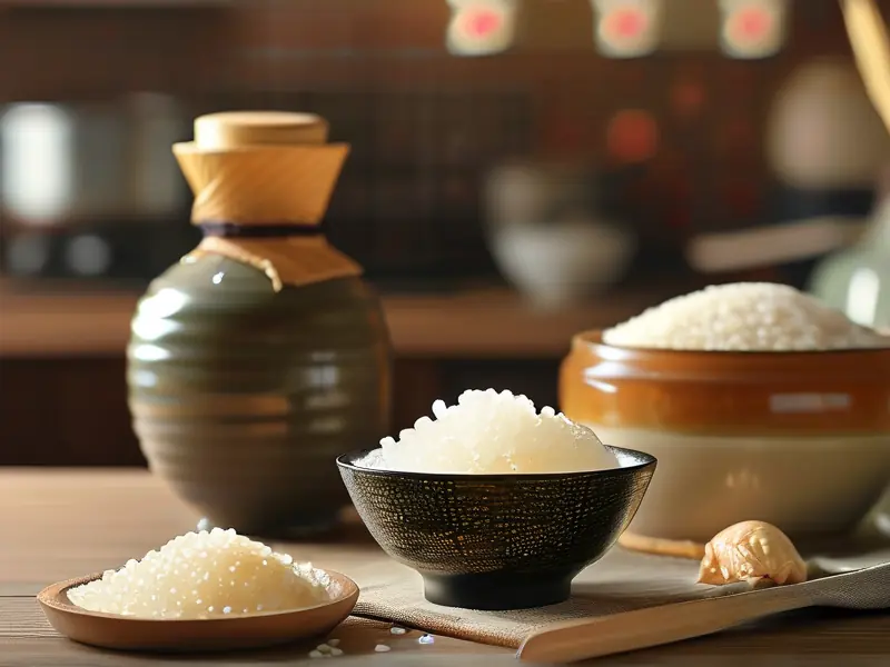 自制甜酒成品与原料展示