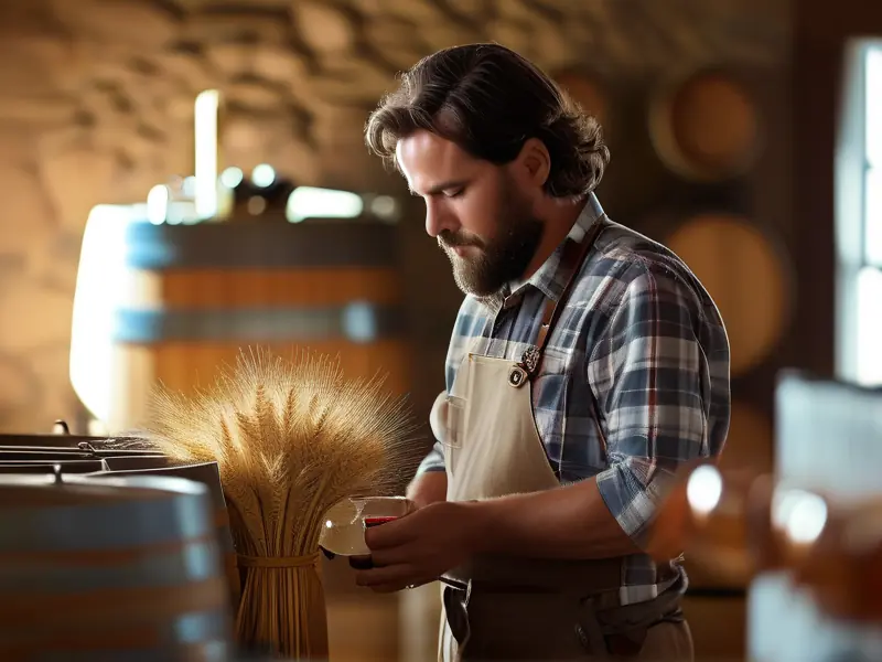 酿酒师检查小麦酒发酵过程