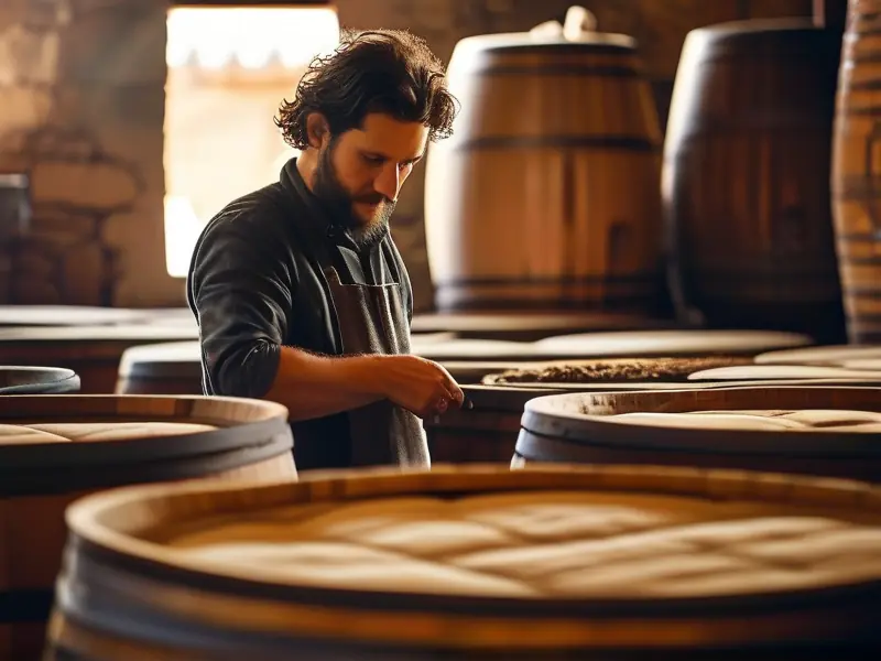 酿酒师检查发酵中的酒醅