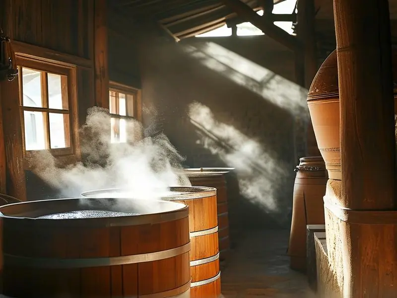 传统酿酒过程实景：酿酒师检查发酵缸中的酒醅