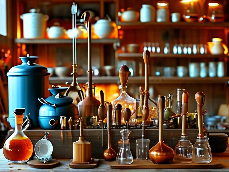 家用酿酒工具套装展示,包含发酵桶、蒸馏器和测量仪器