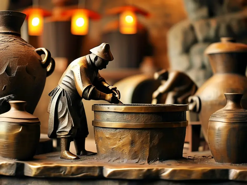 传统酿酒工艺青铜雕塑细节展示