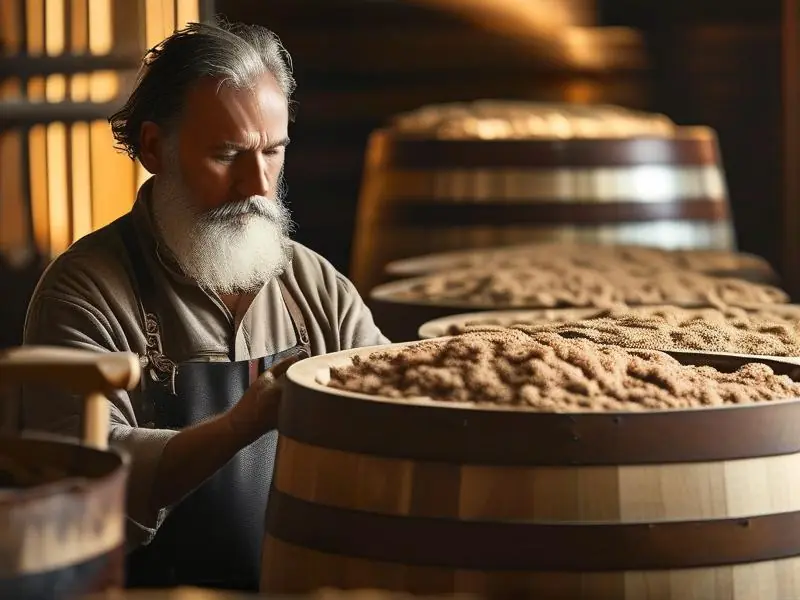 酿酒师傅检查发酵过程