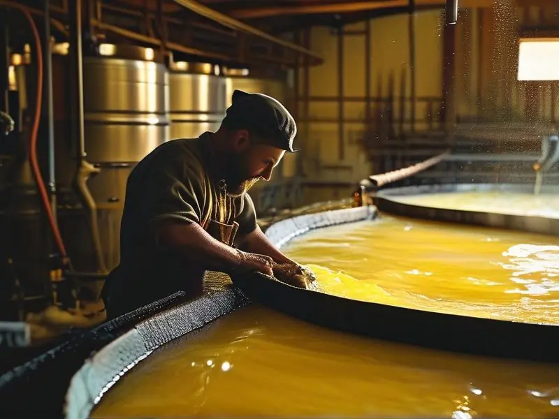 酿酒师正在处理发酵罐中的黄水