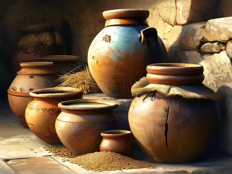 古代人类使用陶罐酿造酒水的历史场景