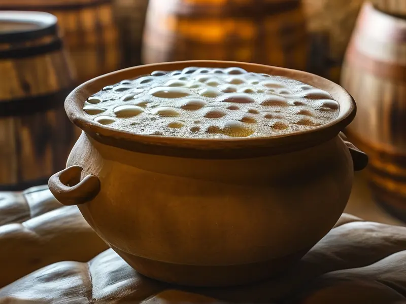 传统陶缸中正在发酵的酿酒粮食特写