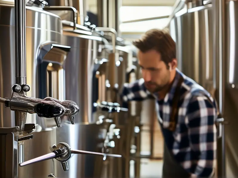 专业酿酒师检查不锈钢酿酒设备