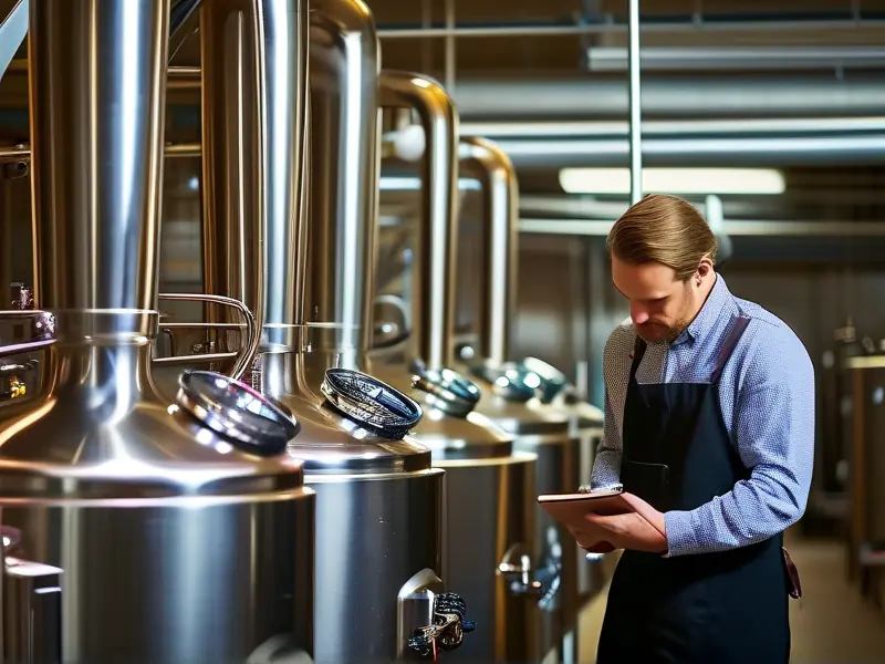 专业酿酒师检查不锈钢酿酒设备