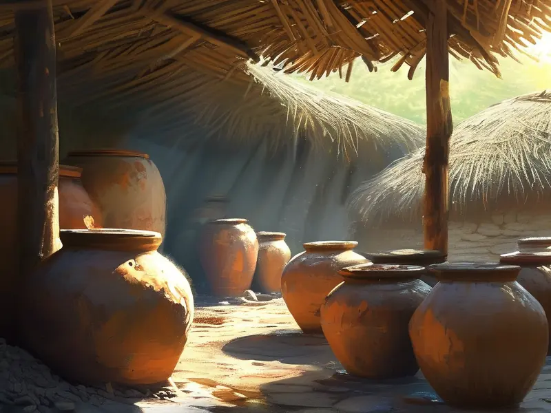 古代人用陶罐酿造酒水的历史场景