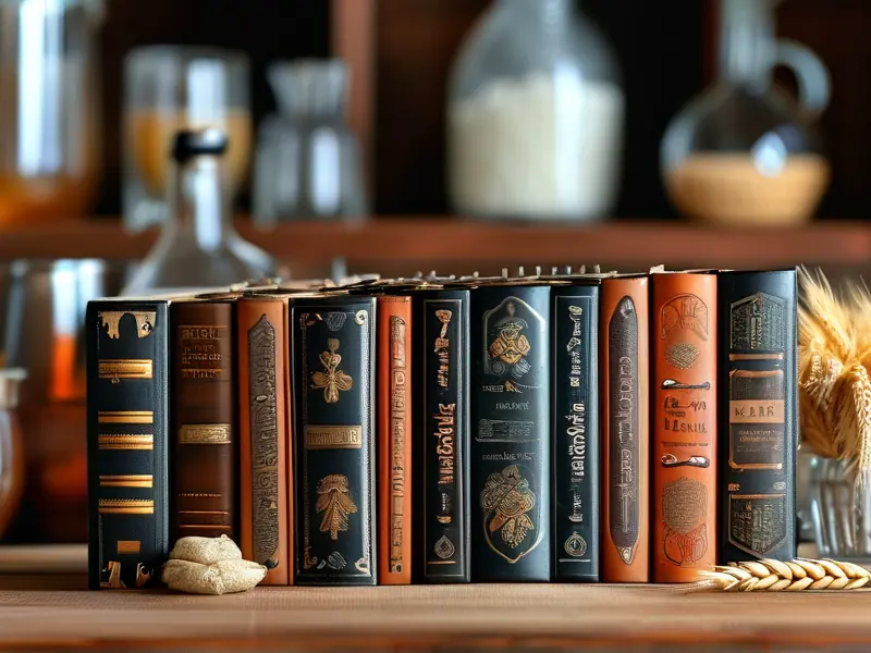 专业酿酒书籍实物展示与酿酒工具搭配场景