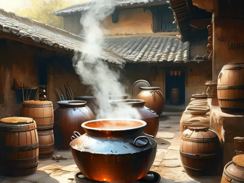 传统酿酒天锅在酿酒坊中的使用场景