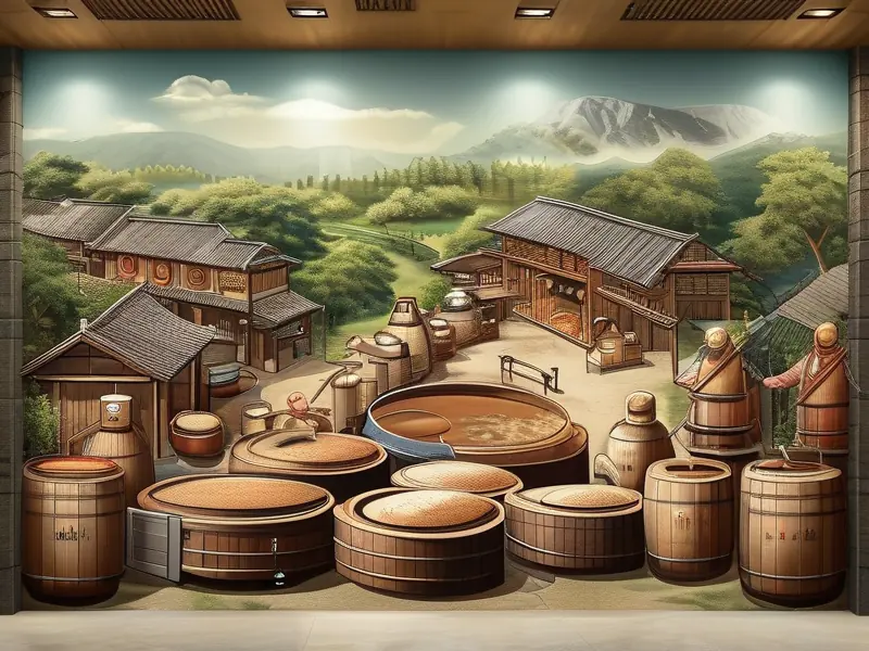 传统酿酒工艺过程墙画展示图