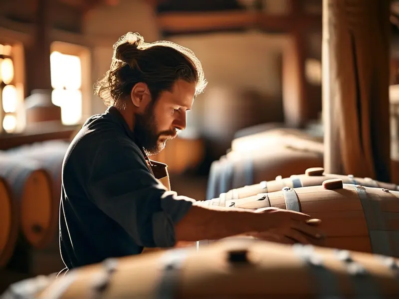 酿酒师检查发酵桶中的酒醅