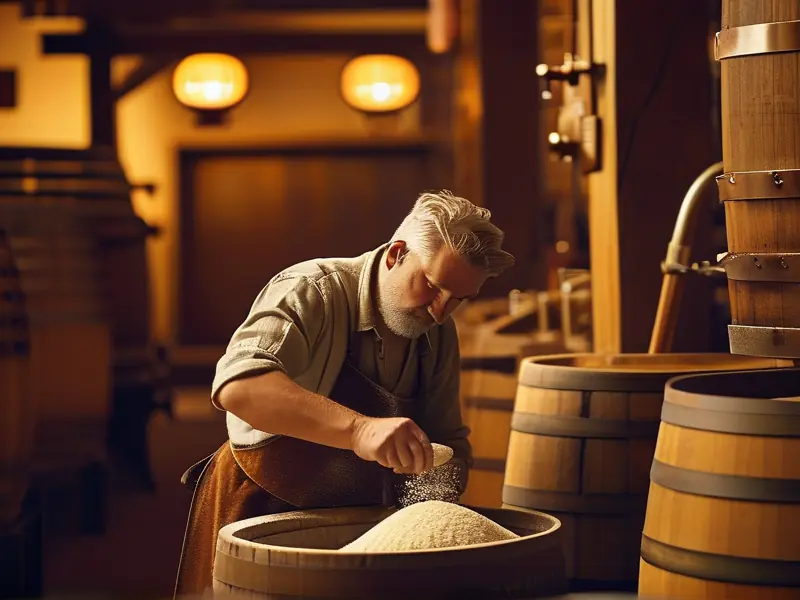 酿酒师精确称量粮食原料的工作场景