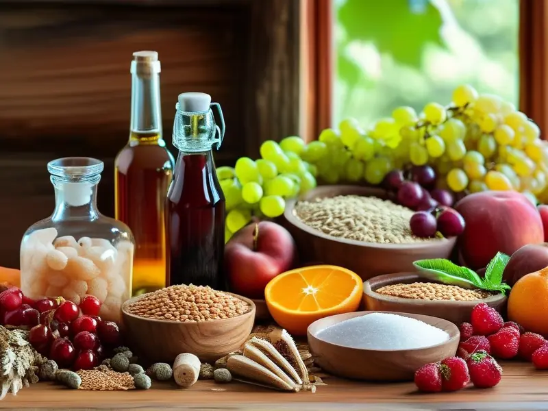 酿酒材料展示：谷物、水果、酵母和糖整齐排列在木桌上