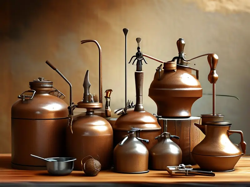 酿酒工具集合展示:发酵容器、比重计、虹吸管和装瓶设备