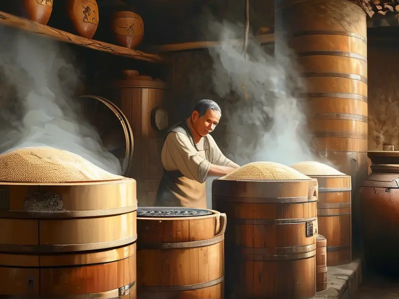 传统酿酒蒸粮工序实景拍摄