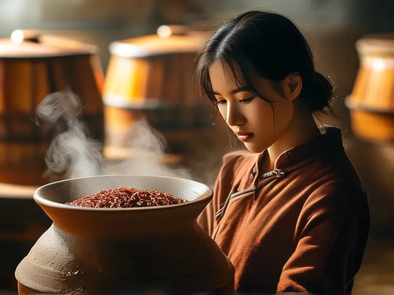 客家娘酒制作过程中拌曲环节实拍