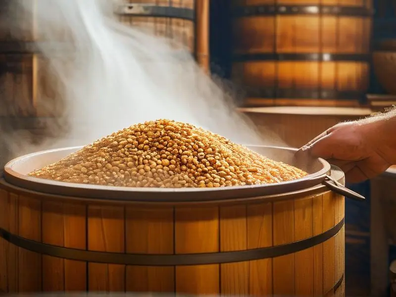 酿酒师检查蒸制中的高粱熟度过程实拍