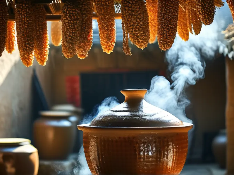 农家传统方法蒸馏自酿白酒并测量酒精度数的实景照片