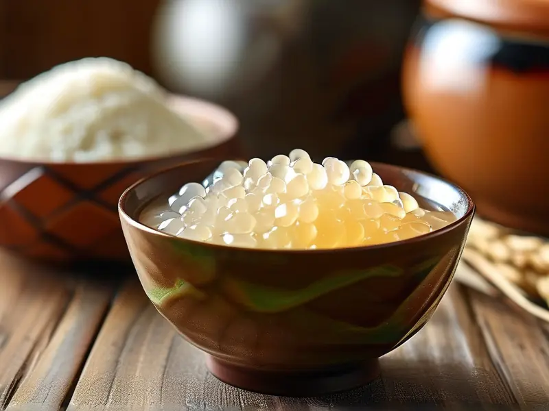 自制糯米酒酿成品展示与原料工具