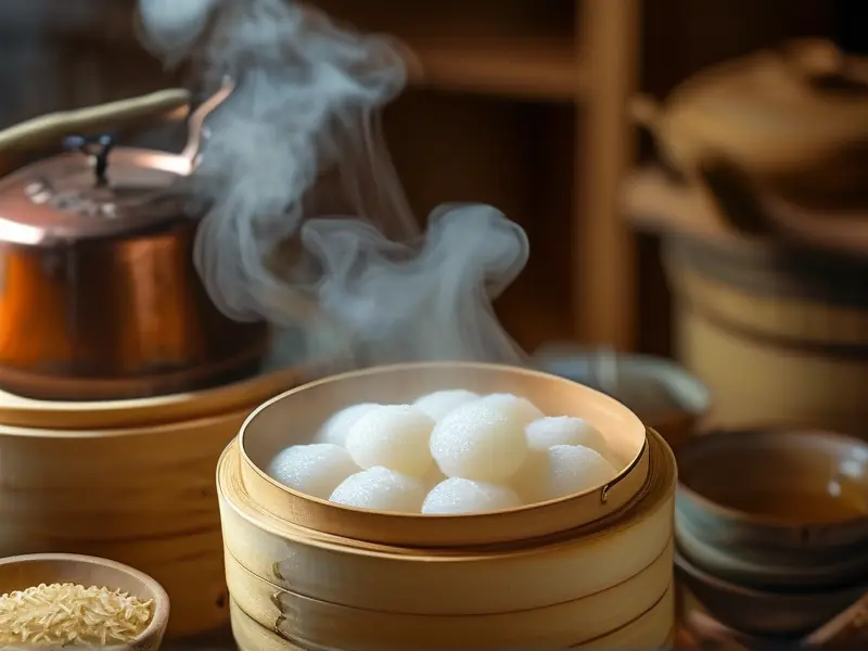 糯米蒸制过程展示,用于制作糯米酒的蒸煮场景