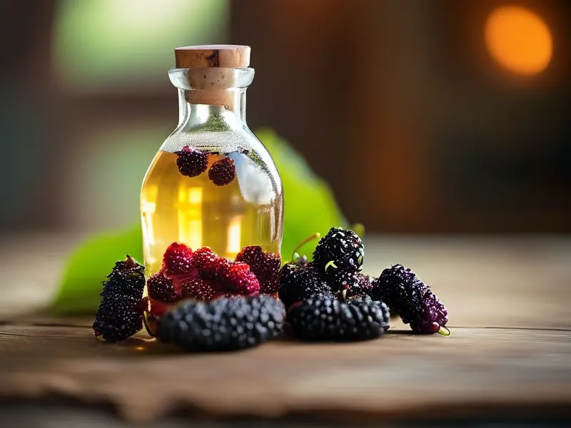 新鲜桑葚与白酒在玻璃瓶中浸泡的特写