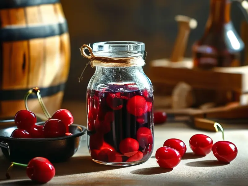 正在发酵的樱桃酒，樱桃和酒液混合在玻璃罐中