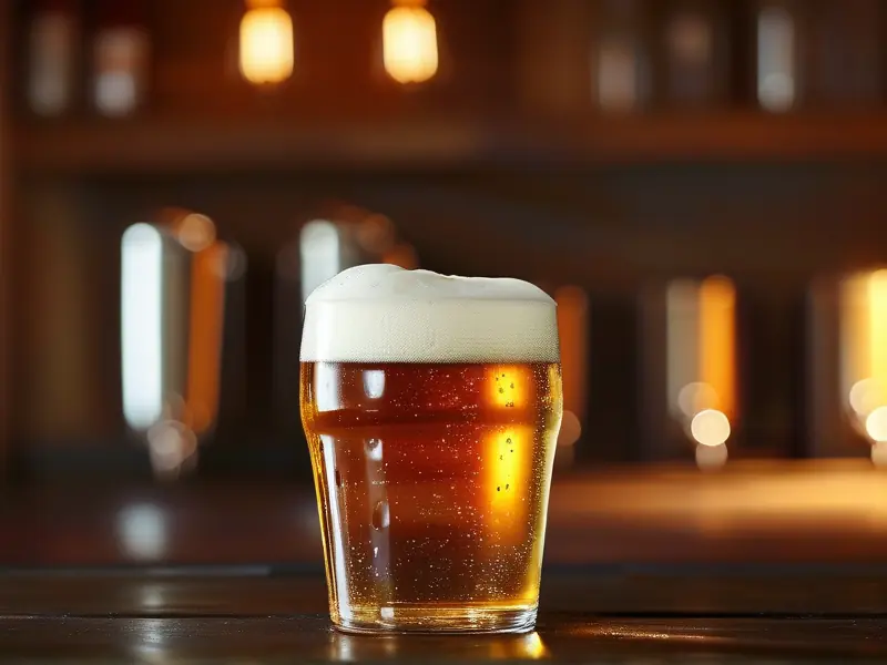 啤酒在玻璃发酵罐中发酵的特写，气泡上升显示活跃的发酵过程