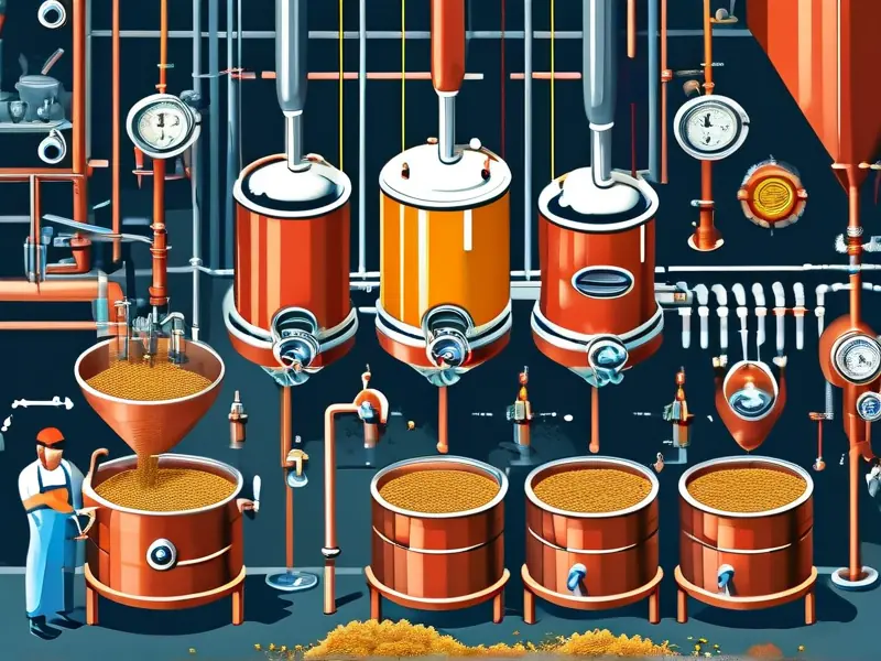 啤酒酿造工艺流程示意图展示麦芽粉碎、糖化、煮沸、发酵和装瓶等关键步骤