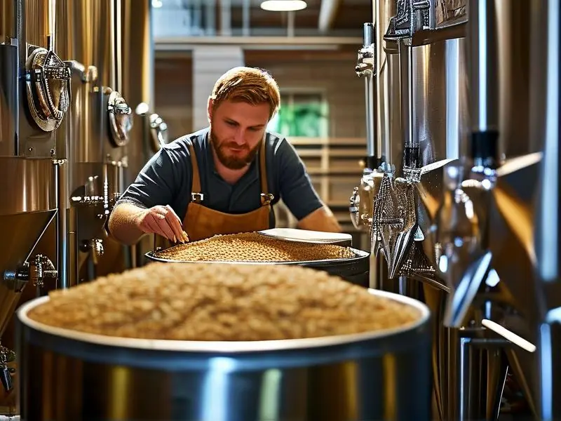 专业酿酒师在精酿啤酒厂检查不锈钢罐中的啤酒发酵过程