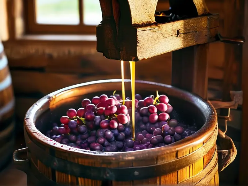 传统葡萄压榨与发酵过程实景