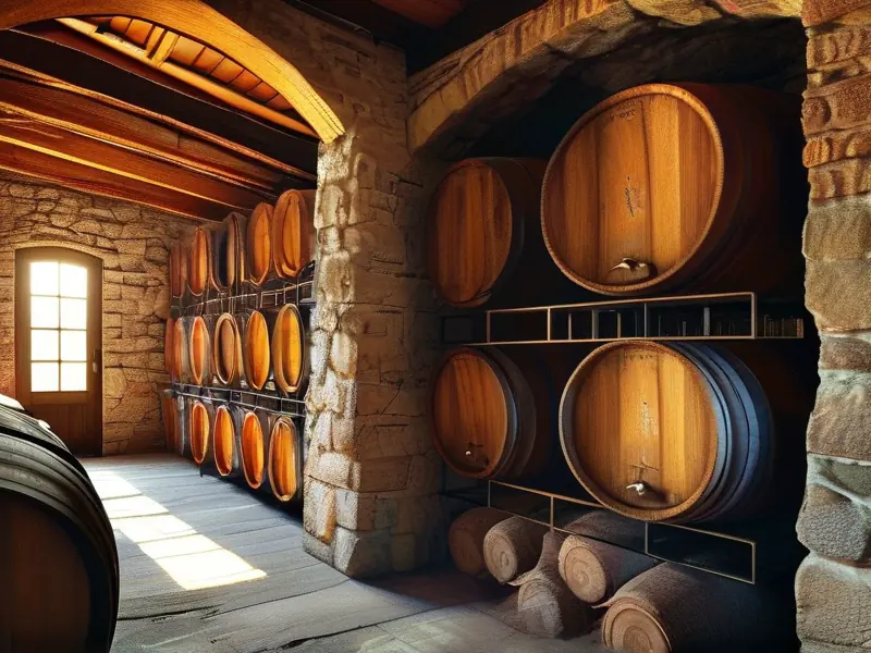 专业葡萄酒酿酒桶在酒窖中的实景展示