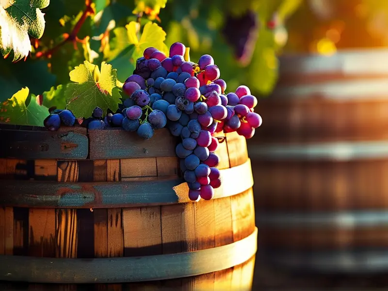 传统葡萄酒酿造过程实拍:新鲜葡萄与橡木桶