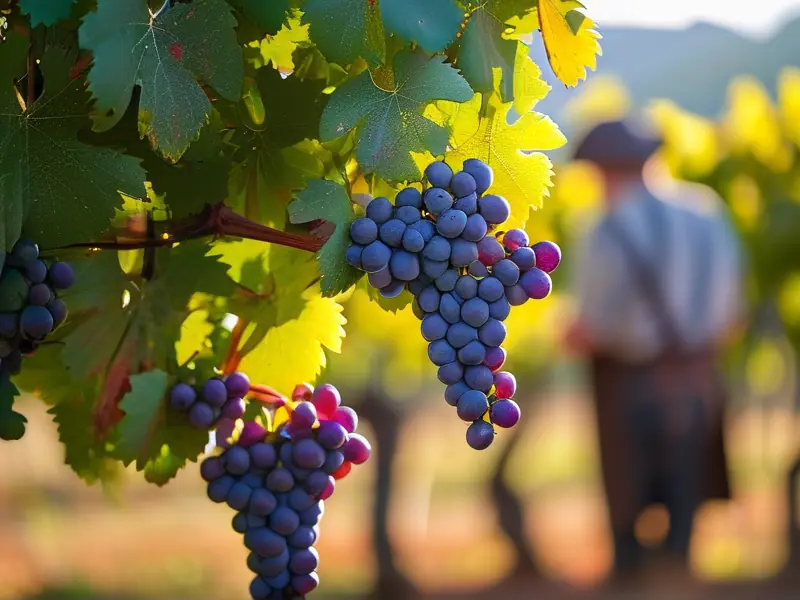 葡萄园中成熟的葡萄和正在检查葡萄成熟度的酿酒师