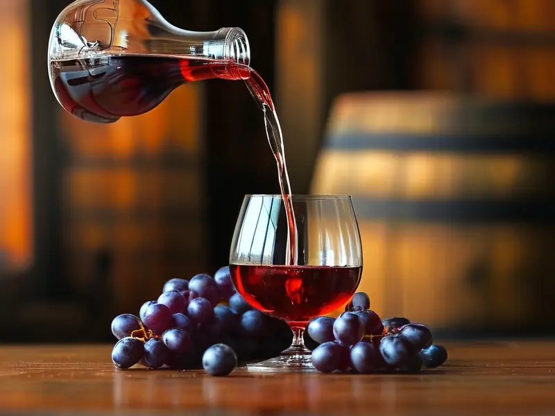 红葡萄酒倒入玻璃杯的特写，背景有葡萄和发酵桶，展示葡萄酒的自然酿造过程