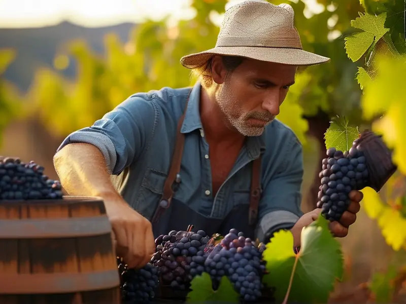 酿酒师在葡萄园挑选葡萄用于制作葡萄酒