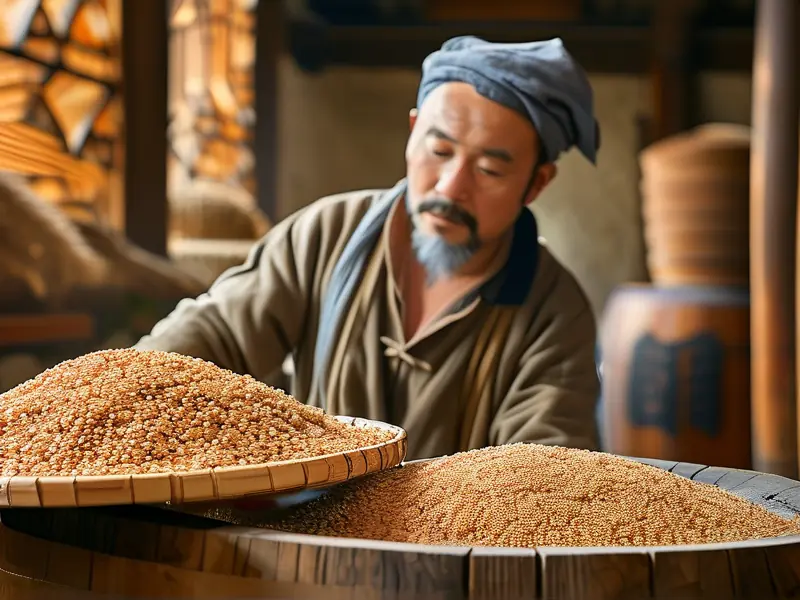 酿酒师检查清香型白酒发酵过程实拍图