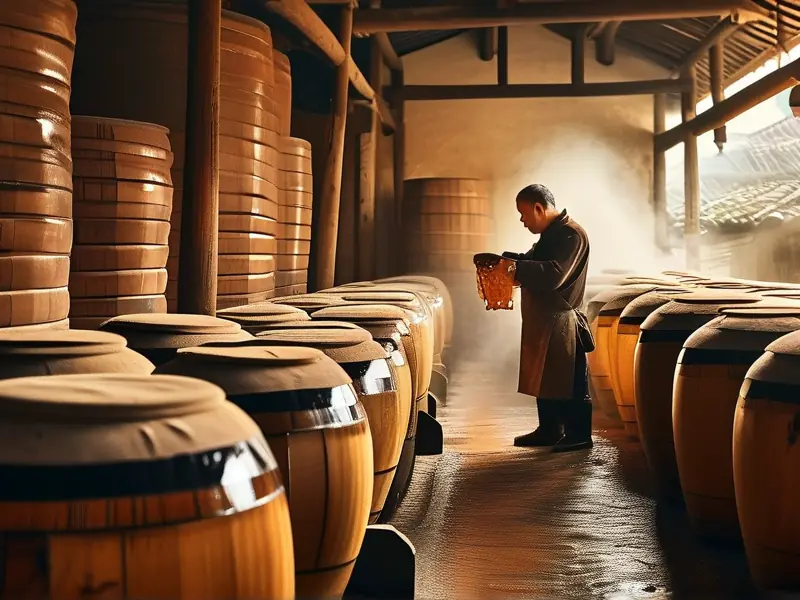 邛崃传统酿酒工坊内老师傅检查酒醅过程