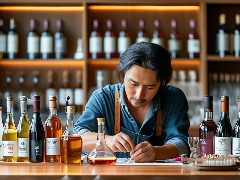 专业酿酒师进行白酒勾兑工作场景