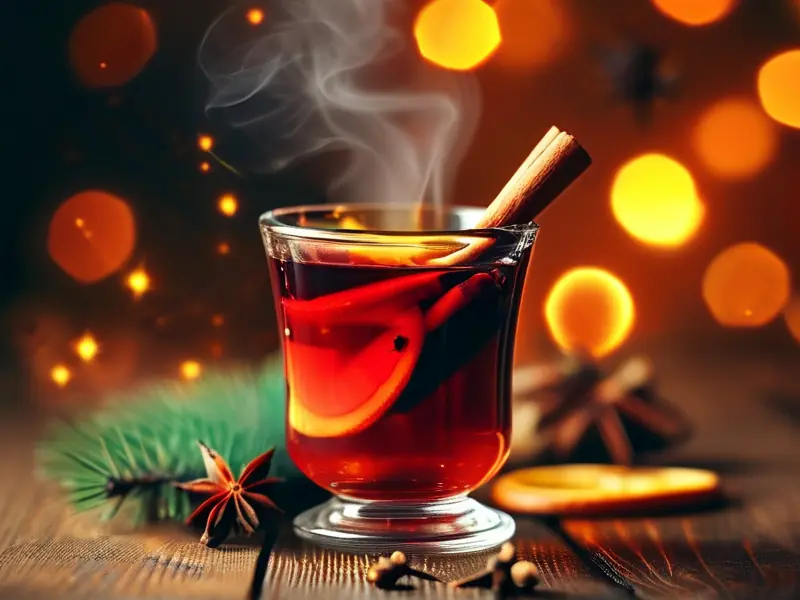 装饰精美的热红酒特写,展示香料与水果配料