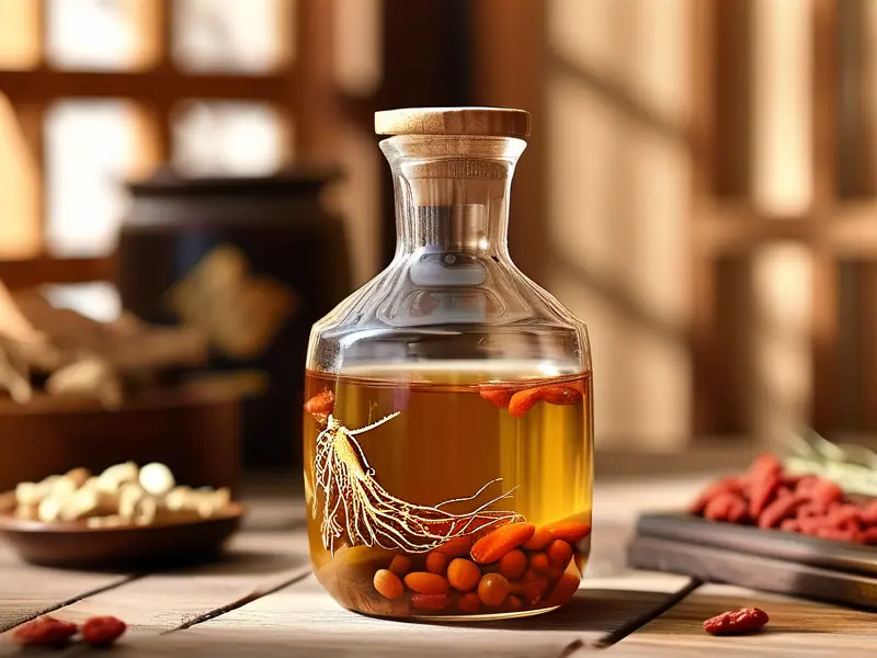 传统人参泡酒实物展示：玻璃罐中人参与枸杞在琥珀色酒液中沉浮